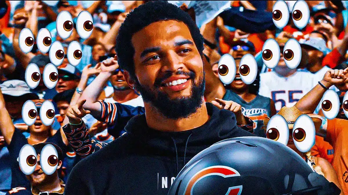 Caleb Williams on one side, a bunch of Chicago Bears fans on the other side with the big eyes emoji over their faces
