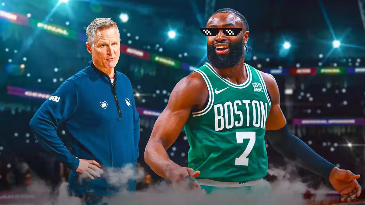 Jaylen Brown in Boston Celtics jersey smiling with sunglasses/shades, Steve Kerr in Golden State Warriors coaching uniform looking frustrated