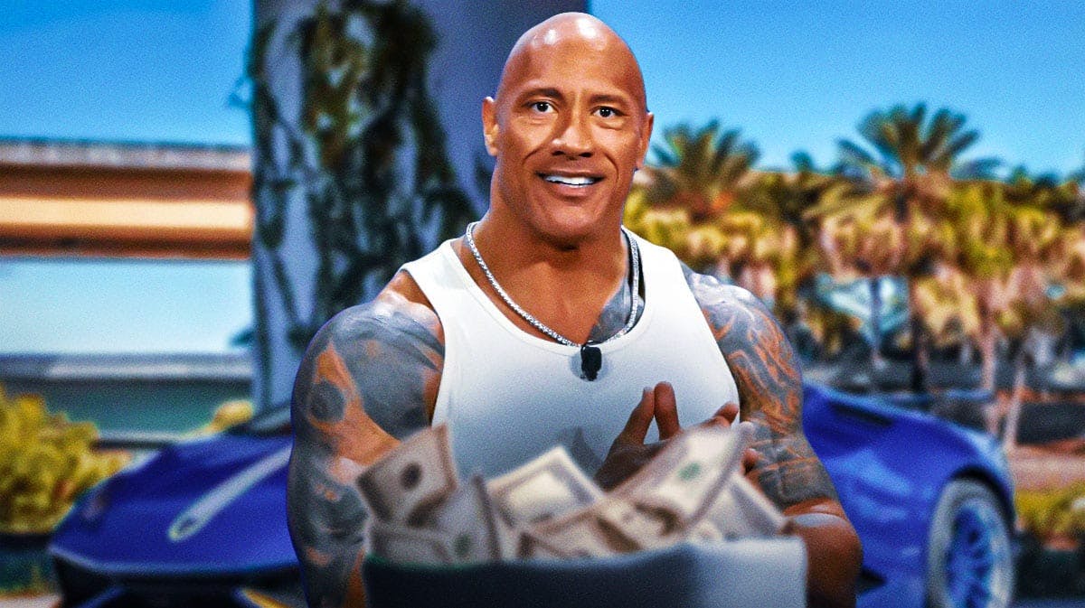 Dwayne "The Rock" Johnson surrounded by piles of cash.