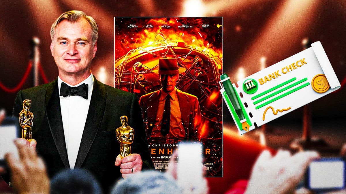 Christopher Nolan next to Oppenheimer poster and cheque with 2024 Oscars trophy.