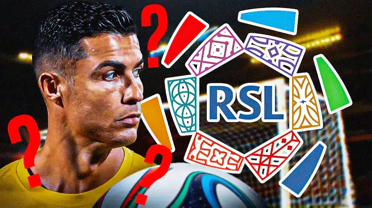 Cristiano Ronaldo looking confused in front of the Saudi Pro League logo, questionmarks around him