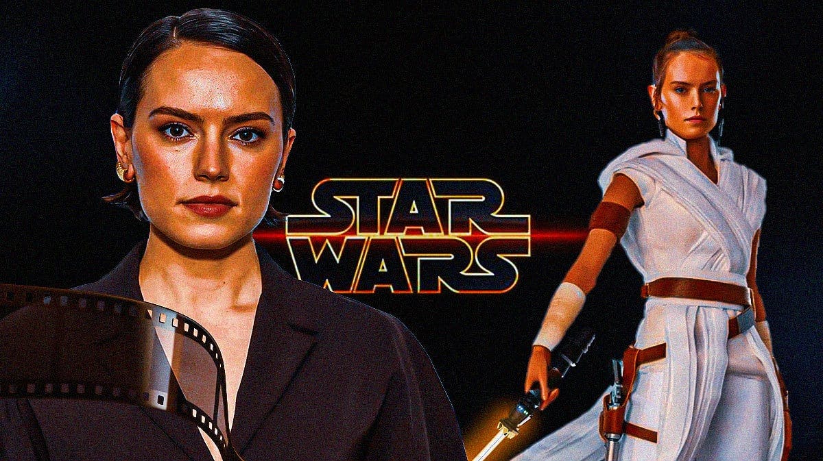 Daisy Ridley next to Rey Skywalker and the Star Wars logo in the background