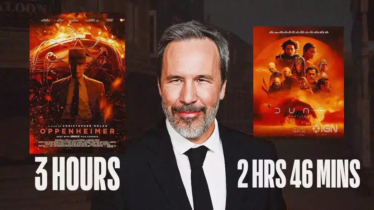 Denis Villeneuve in the middle; Left: Oppenheimer poster, below 3 HOURS; Right: Dune: Part Two poster, below 2 HOURS 46 MINS