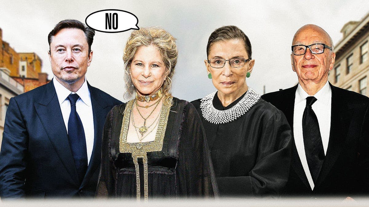 Elon Musk, Barbra Streisand (with the word 'No' above her head), Justice Ruth Bader Ginsburg, Rupert Murdoch