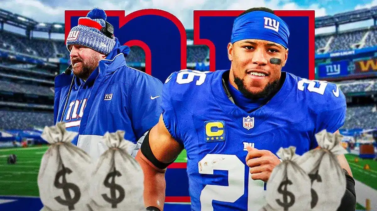 Giants Saquon Barkley and Brian Daboll next to bags of money and Giants logo at MetLife Field