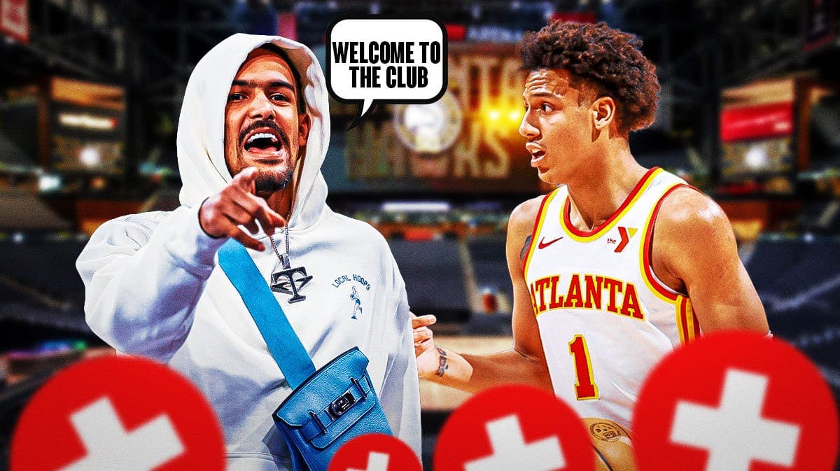 Hawks' Trae Young saying "Welcome to the club" next to Jalen Johnson