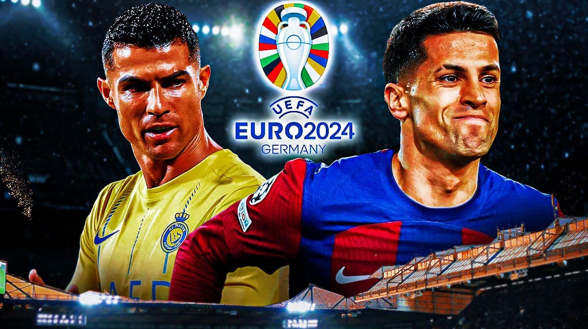 Joao Cancelo and Cristiano Ronaldo in front of the Euro 2024 logo