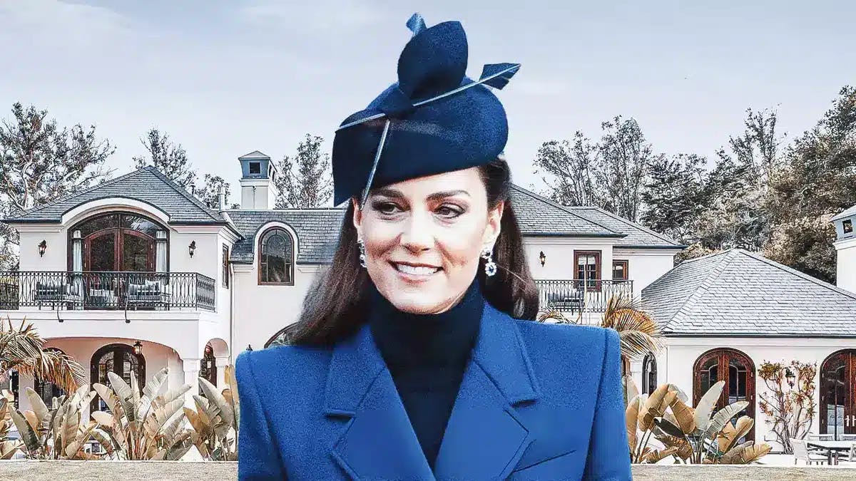 Kate Middleton and a mansion behind her