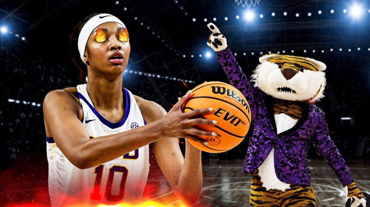 Angel Reese (LSU women's basketball) with fire in eyes, LSU basketball mascot in the background