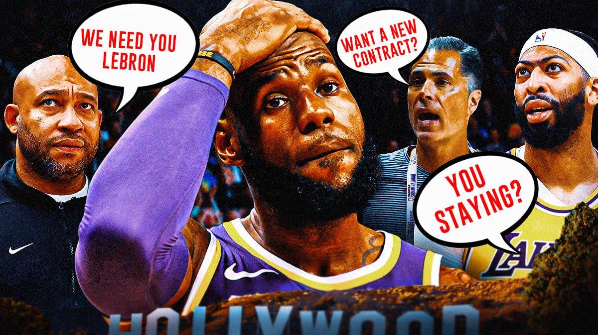 Lakers' LeBron James with Anthony Davis asking "You staying," Rob Pelinka asking "Want a new contract?" and Darvin Ham saying "We need you LeBron"