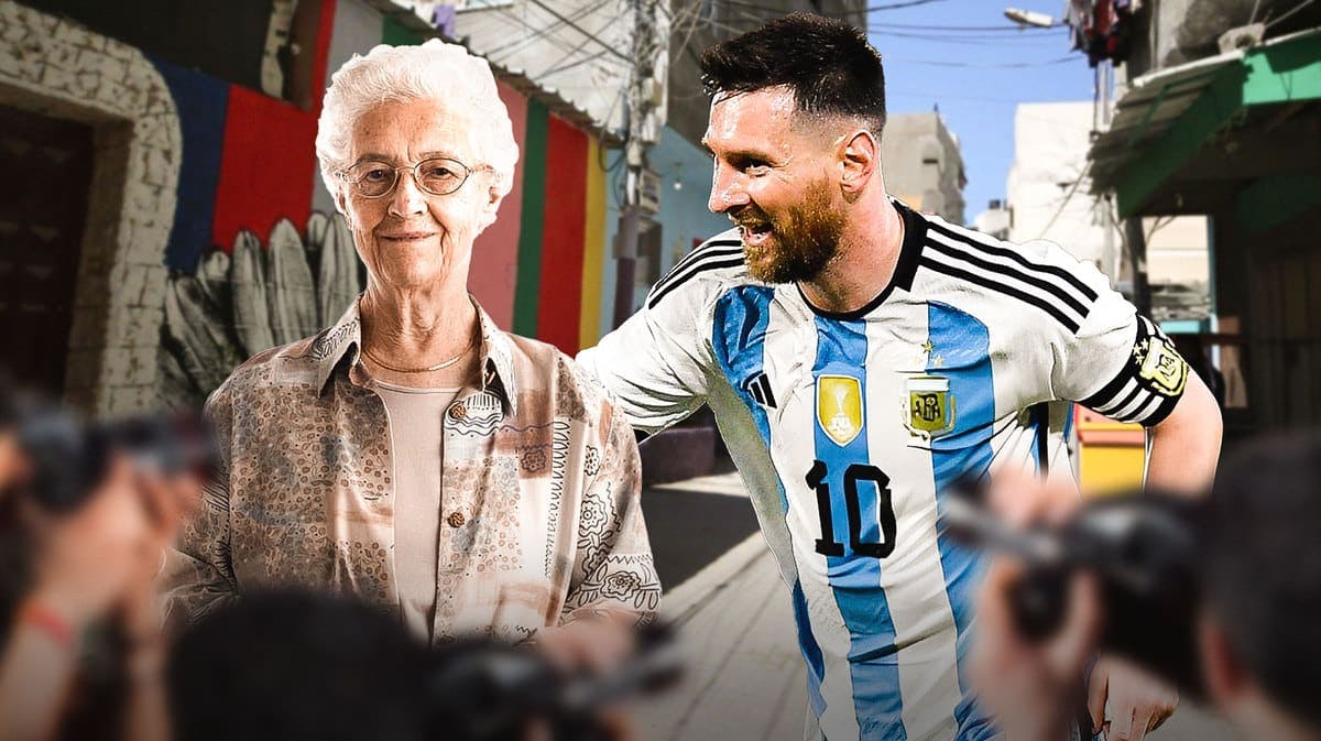 Lionel Messi and a grandmother in front of Gaza city streets