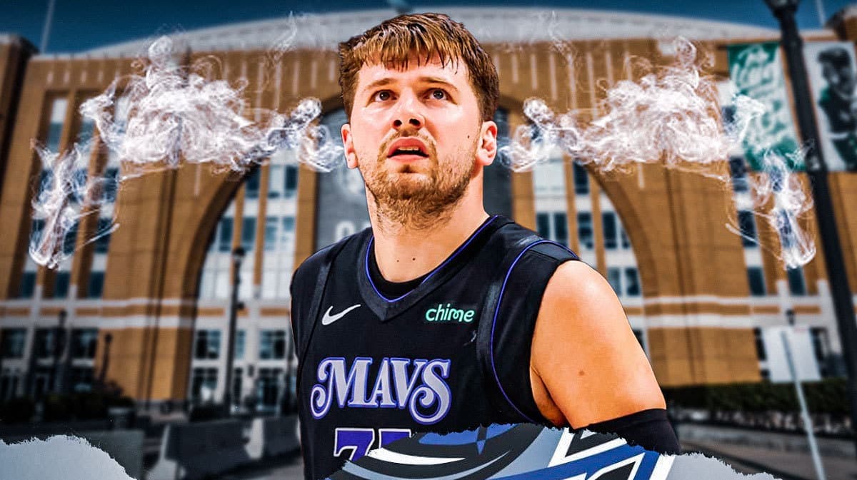 Mavericks star Luka Doncic with steam coming out of ears, American Airlines Center in back