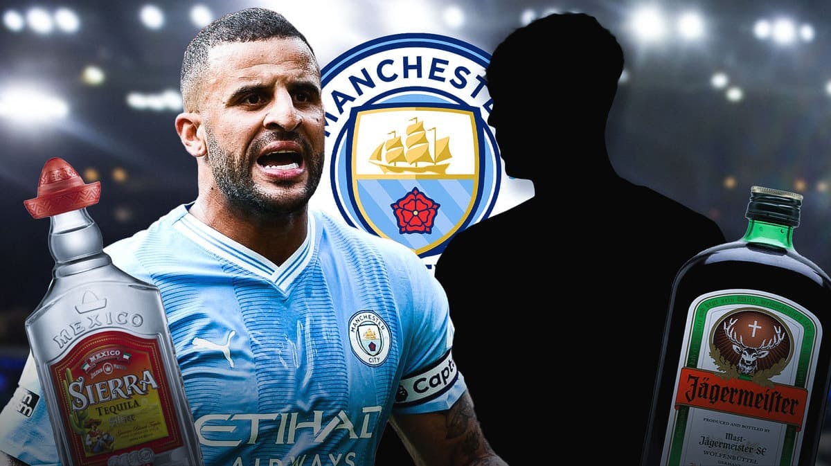 Kyle Walker and the silhouette of John Stones in front of the Manchester City logo, Tequila and Jager bottles next to them