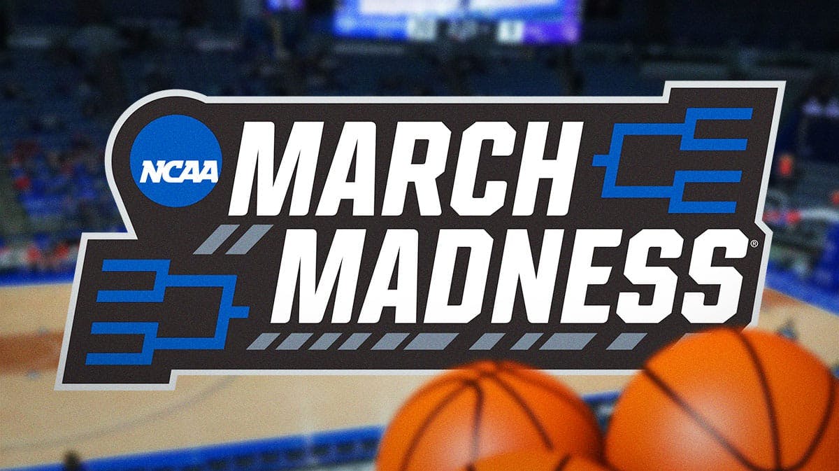 March Madness, Indiana State basketball, Sycamores, Indiana State March Madness, Charlie McLelland, March Madness logo with Indiana State basketball arena in the background