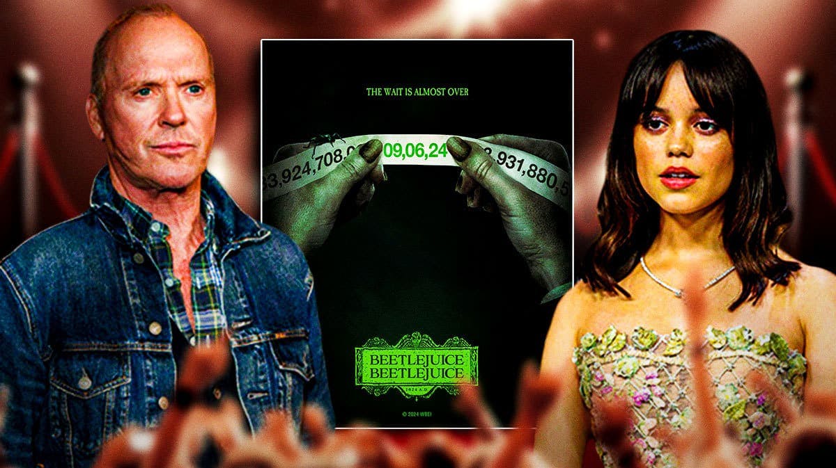 Michael Keaton and Jenna Ortega with Beetlejuice 2 poster.