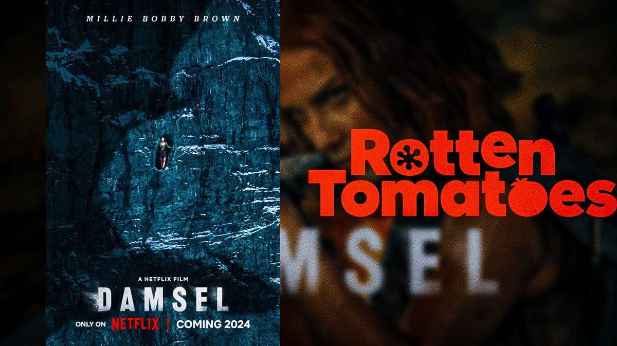 Damsel poster next to Rotten Tomatoes logo and an image from Damsel as the background