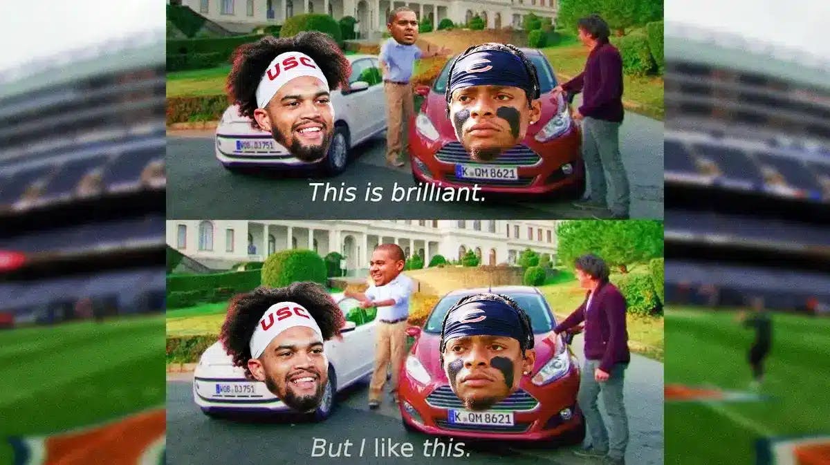 Bears' Justin Fields as the red car, USC’s Caleb Williams as the white car, with Bears GM Ryan Poles as the man in the light blue top in the but i like this meme