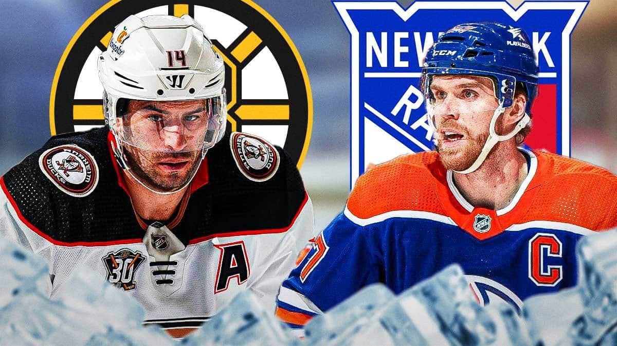 Ducks' Adam Henrique looking happy, with Oilers' Connor McDavid looking at him, with Bruins and Rangers (NHL) logo beside Henrique