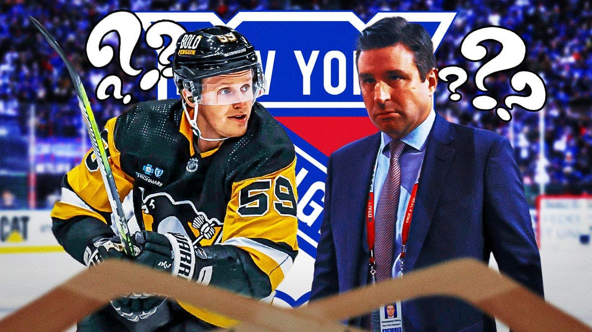 Jake Guentzel looking thoughtful, Chris Drury in image in suit, NY Rangers logo, 3-5 question marks, hockey rink in background