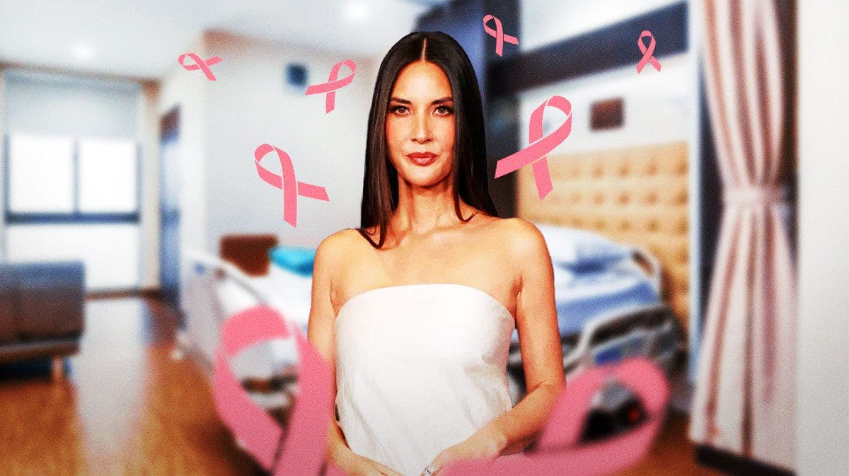 Pic of Olivia Munn with hospital imagery and the pink breast cancer awareness ribbons in background