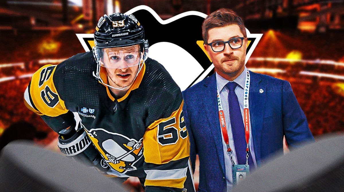 Jake Guentzel and Kyle Dubas in image both looking stern, PIT Penguins logo, hockey rink in background