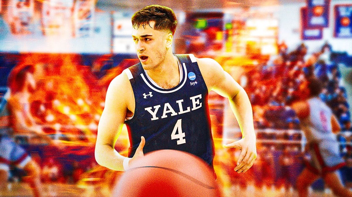 March Madness, NCAA Tournament, Yale basketball, March Madness upsets, Yale Auburn, John Poulakidas with fire behind him in Yale uni with March madness logo in the background