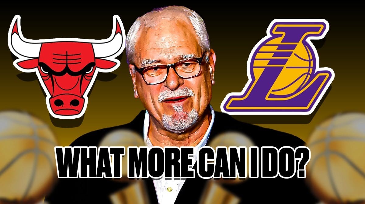 Phil Jackson between Chicago Bulls and Los Angeles Lakers logos saying, "What more can I do?"