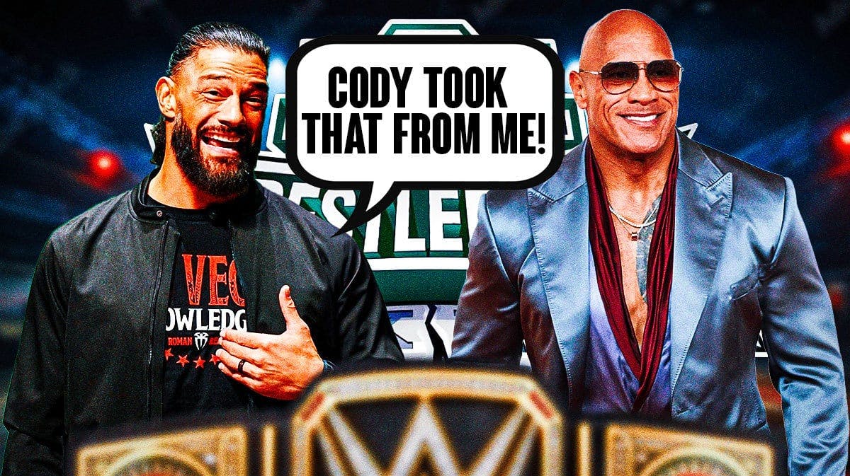 Roman Reigns with a text bubble reading “Cody took that from me!“ next to The Rock with the WrestleMania 40 logo as the background.