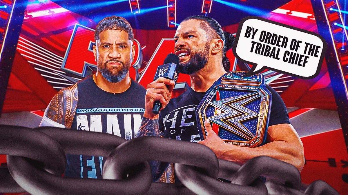 Roman Reigns with a text bubble reading “By order of the Tribal Chief” next to 2024 Jey Uso in his wresting gear with the RAW logo as the background.