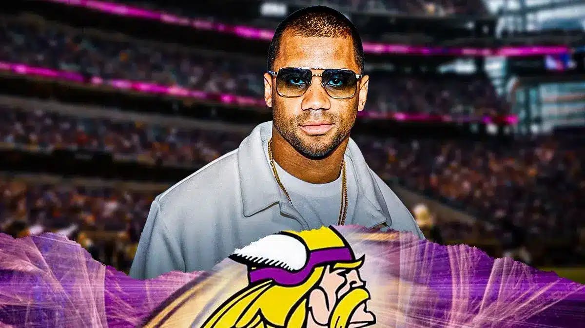 Russell Wilson in casual clothes, Minnesota Vikings logo