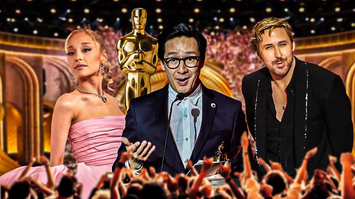 Ariana Grande, Ke Huy Quan, and Ryan Gosling with Oscars trophy and background.