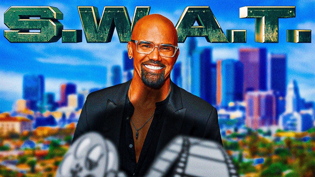 Shemar Moore with SWAT logo and Los Angeles skyline background.