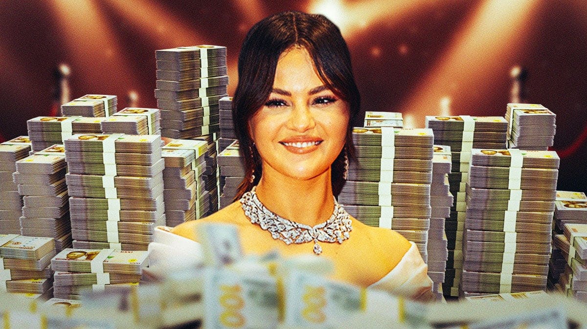 Selena Gomez surrounded by piles of cash.