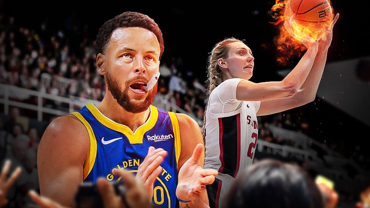 Stephen Curry (Warriors) clapping while looking at Cameron Brink (Stanford women's basketball) who is taking a shot with a ball that is on fired