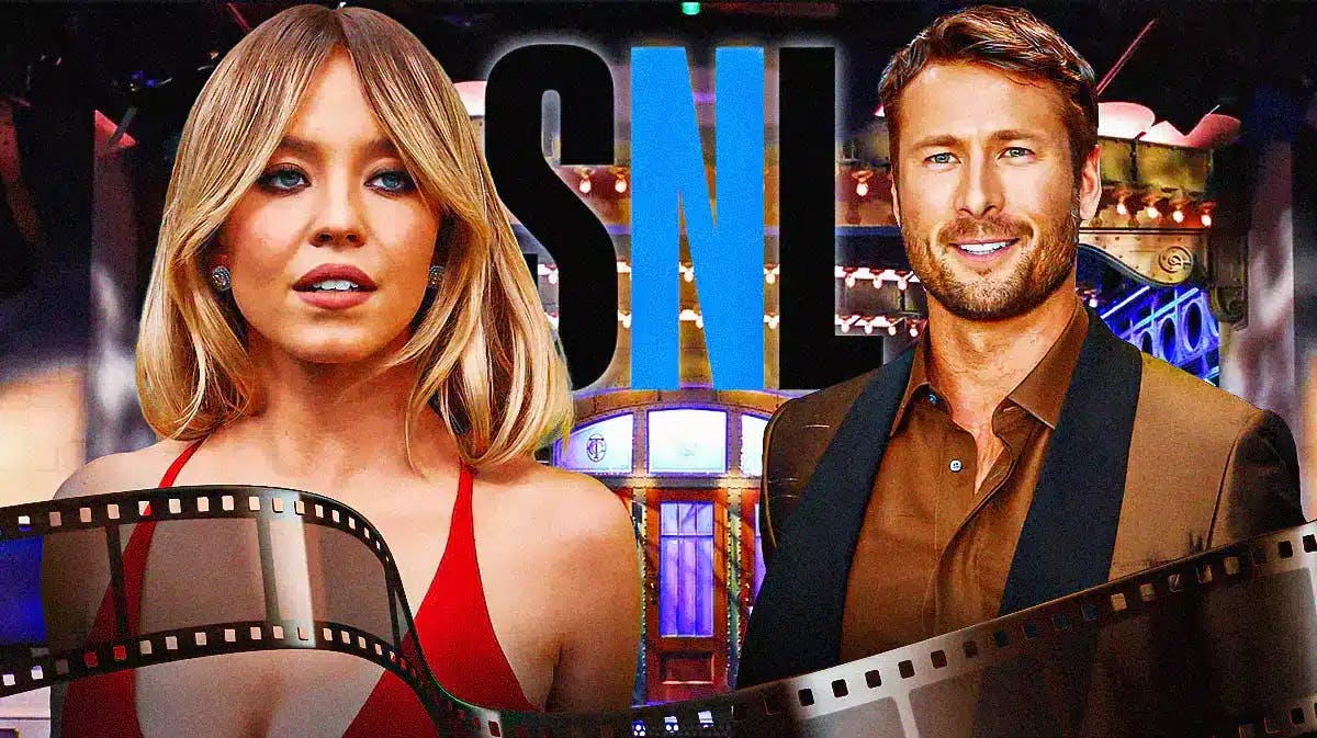 Sydney Sweeney and Glen Powell with the SNL logo and opening set in the background