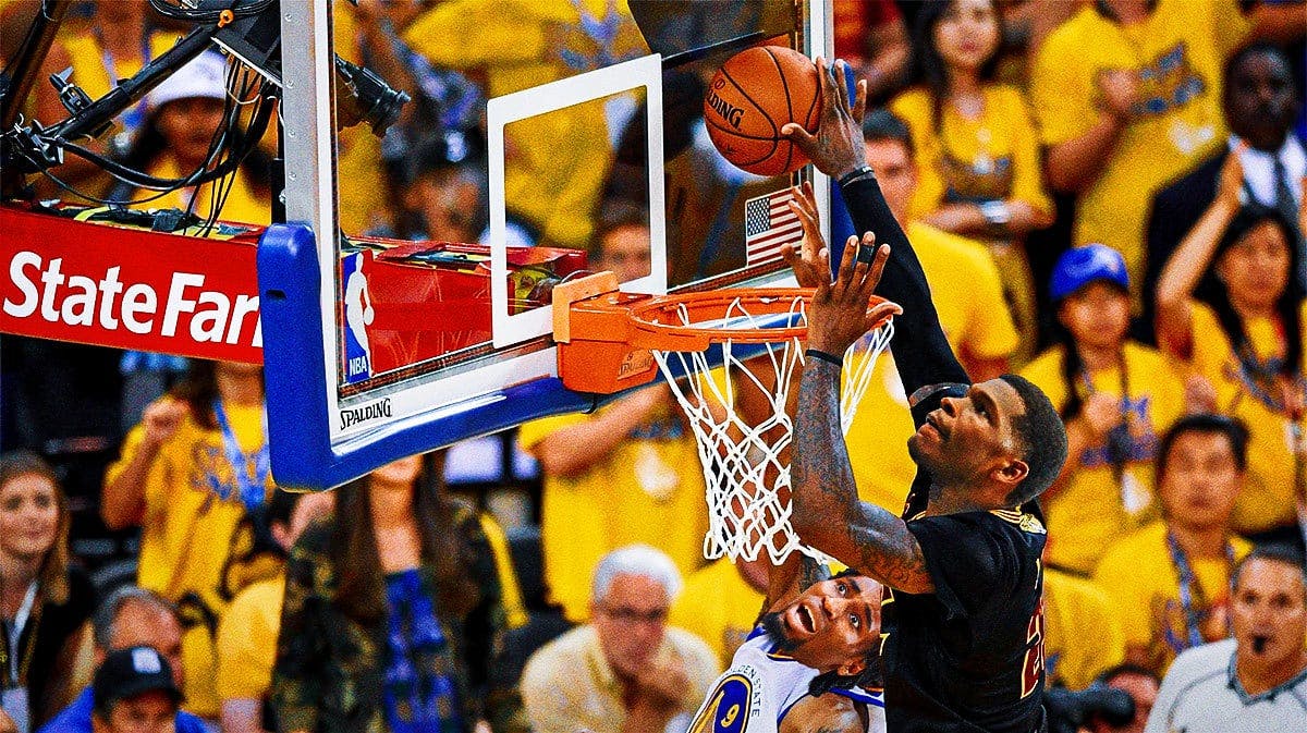 Timberwolves' Anthony Edwards as LeBron James, Pacers' Aaron Nesmith as Andre Iguodala in the iconic Blocked by James photo