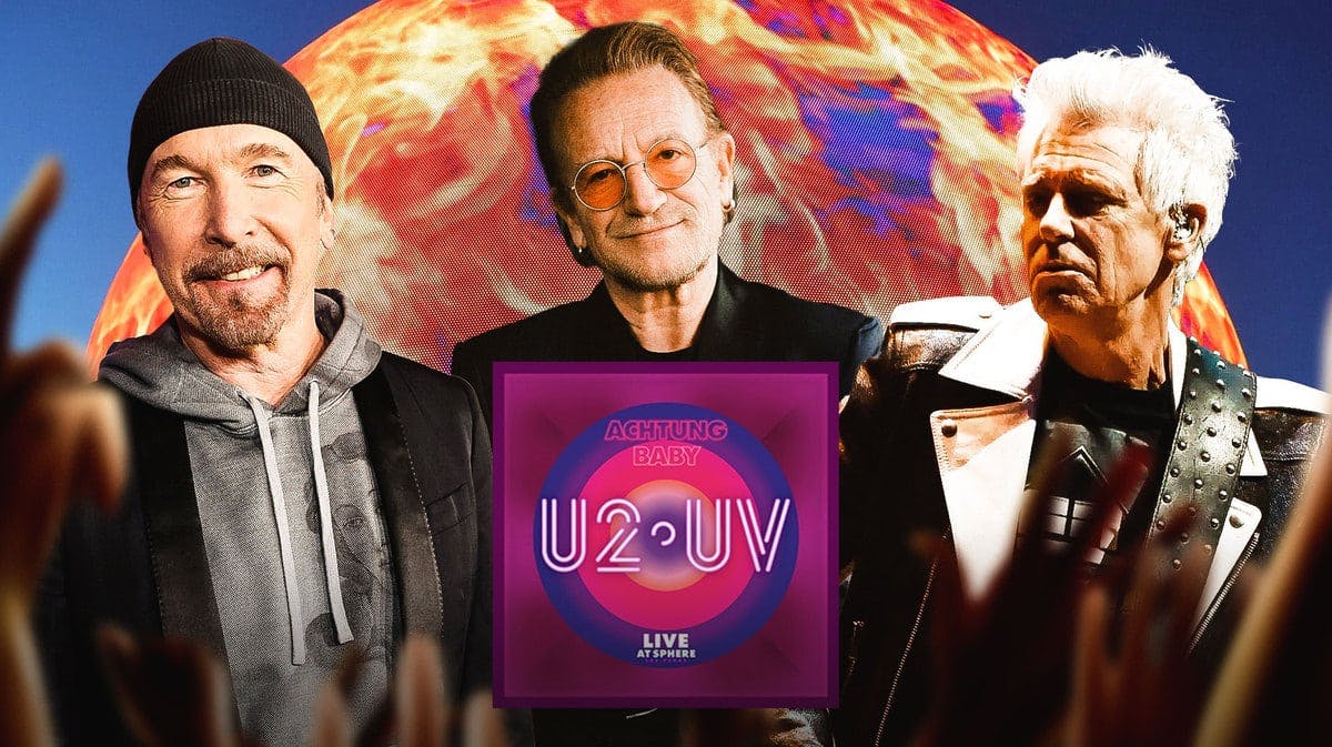 U2 The Edge, Bono, and Adam Clayton in front of Sphere and logo.