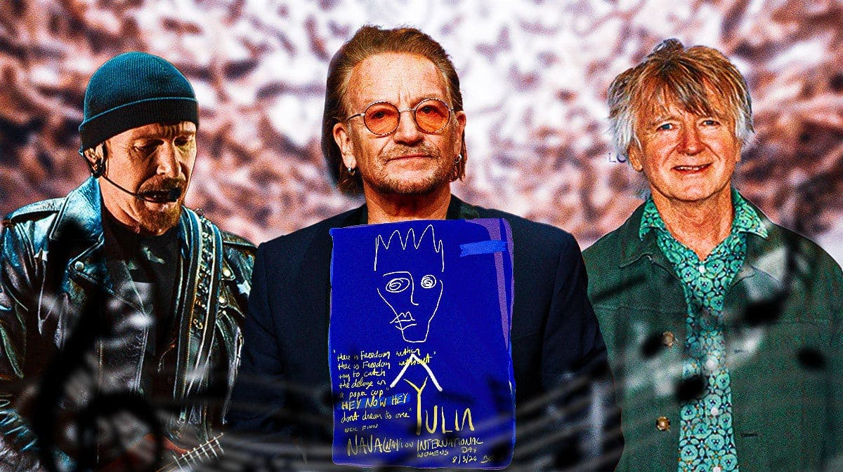 U2 The Edge and Bono with Crowded House Neil Finn and International Women's Day message with Sphere background.