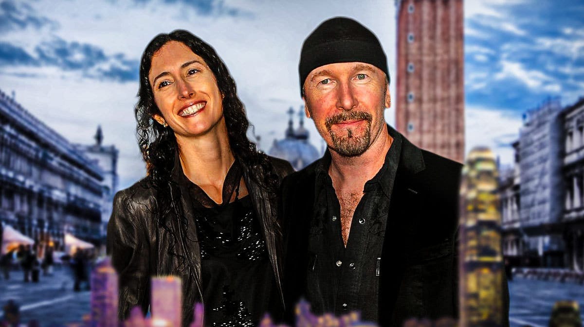 HEART Award winners Morleigh Steinberg and U2 guitarist The Edge with Venice background.