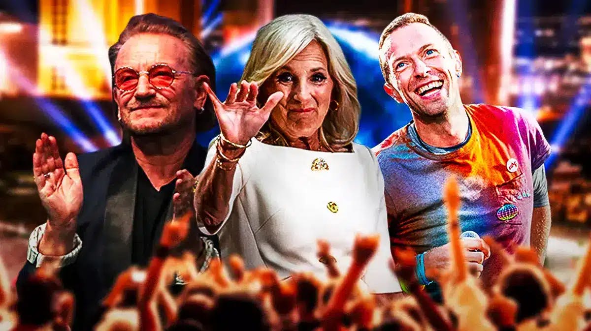 U2 singer Bono, Jill Biden, and Coldplay lead singer Chris Martin in front of Sphere.
