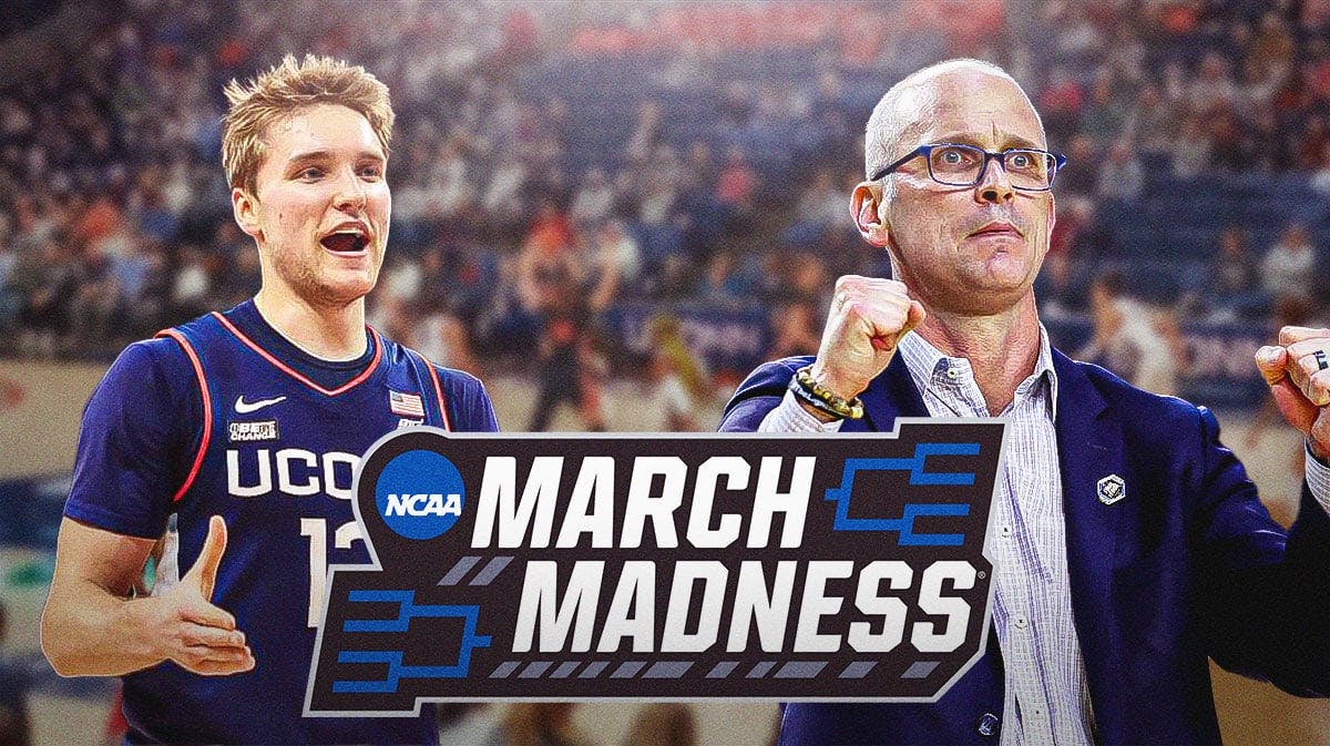 March Madness, UConn basketball, Tennessee basketball, Illinois basketball, Northwestern basketball, Dan Hurley, Cam Spencer (in UConn uni) and March Madness logo with UConn basketball arena in the background