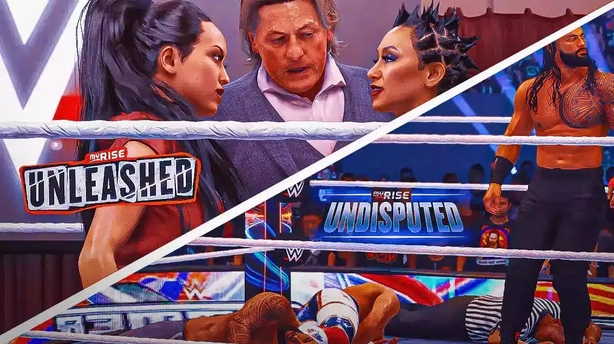WWE 2K24 Ringside Report MyRISE, William Regal mediating between Shotzi and player CAW, Roman Reigns standing over opponents collapsed on the floor