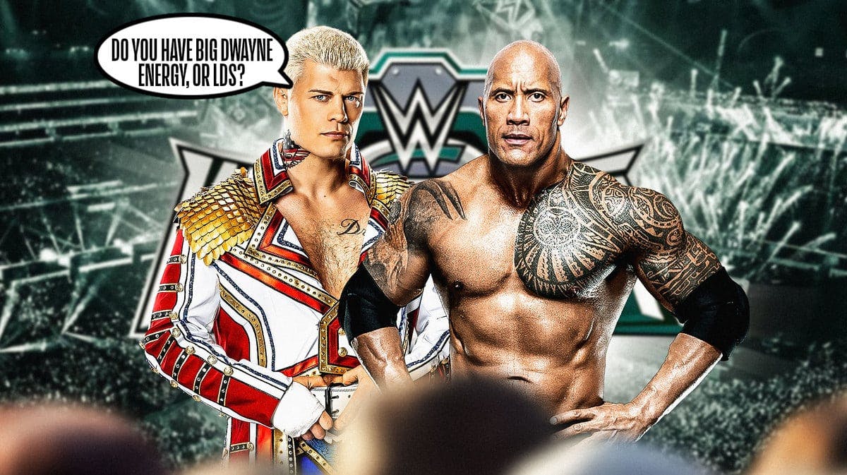 Cody Rhodes with a text bubble reading “Do you have Big Dwayne Energy, or LDS?” next to 2024 The Rock with the WrestleMania 40 logo as the background.