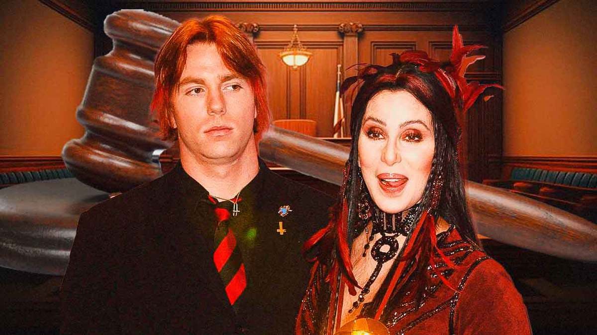 Cher and her son Elijah Blue Allman with a gavel behind them
