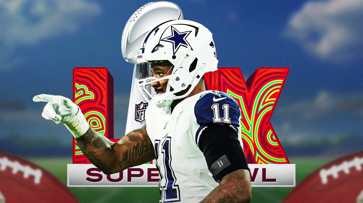 Dallas Cowboys linebacker Micah Parsons with the Super Bowl 59 logo behind him