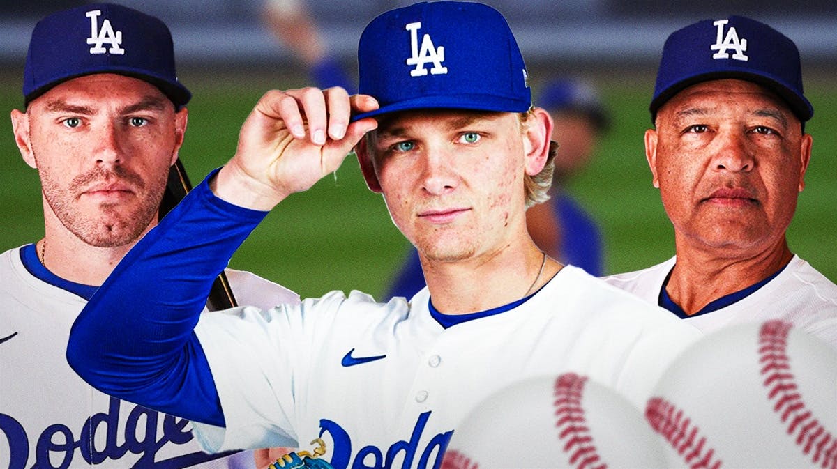 Dodgers' Emmet Sheehan in front. Dodgers' Dave Roberts, Dodgers' Freddie Freeman in background.