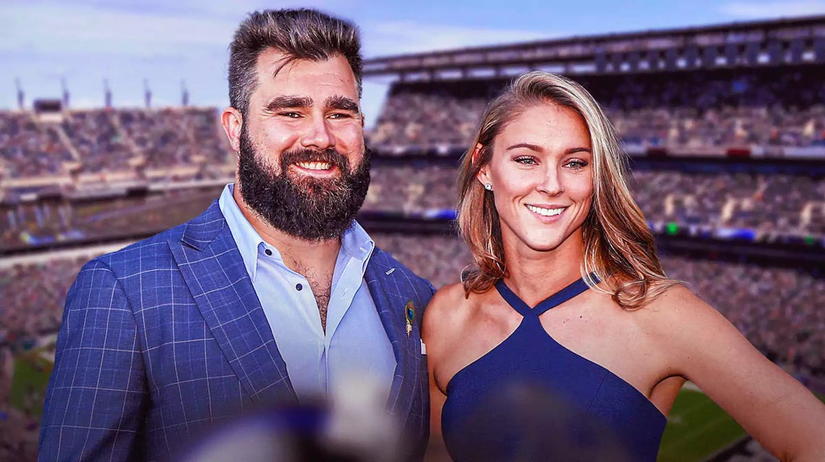 Jason Kelce, Jason Kelce wife, Eagles, Kylie Kelce, Jason Kelce retirement, Jason Kelce and his wife with Eagles stadium in the background