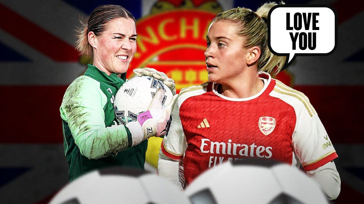 Alessia Russo saying:'Love you' next to Mary Earps in front of the Manchester United logo