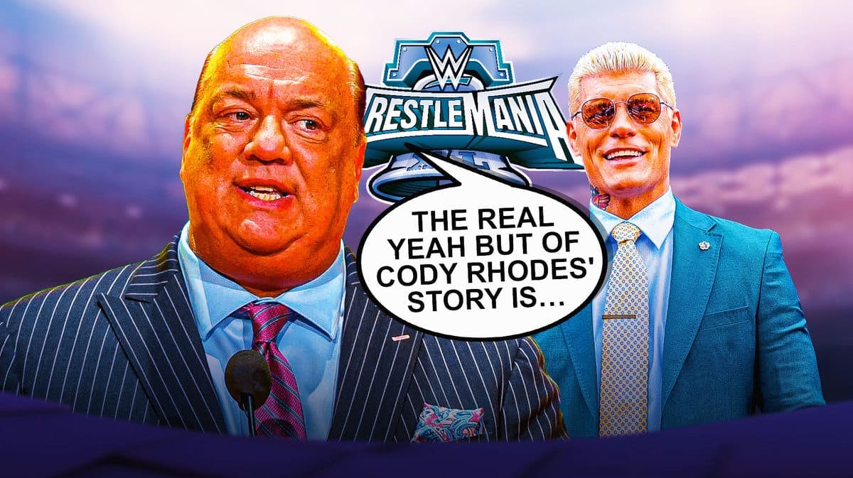 Paul Heyman with a text bubble reading “The real yeah but of Cody Rhodes' story is…” next to Cody Rhodes with the WrestleMania 40 logo as the background.