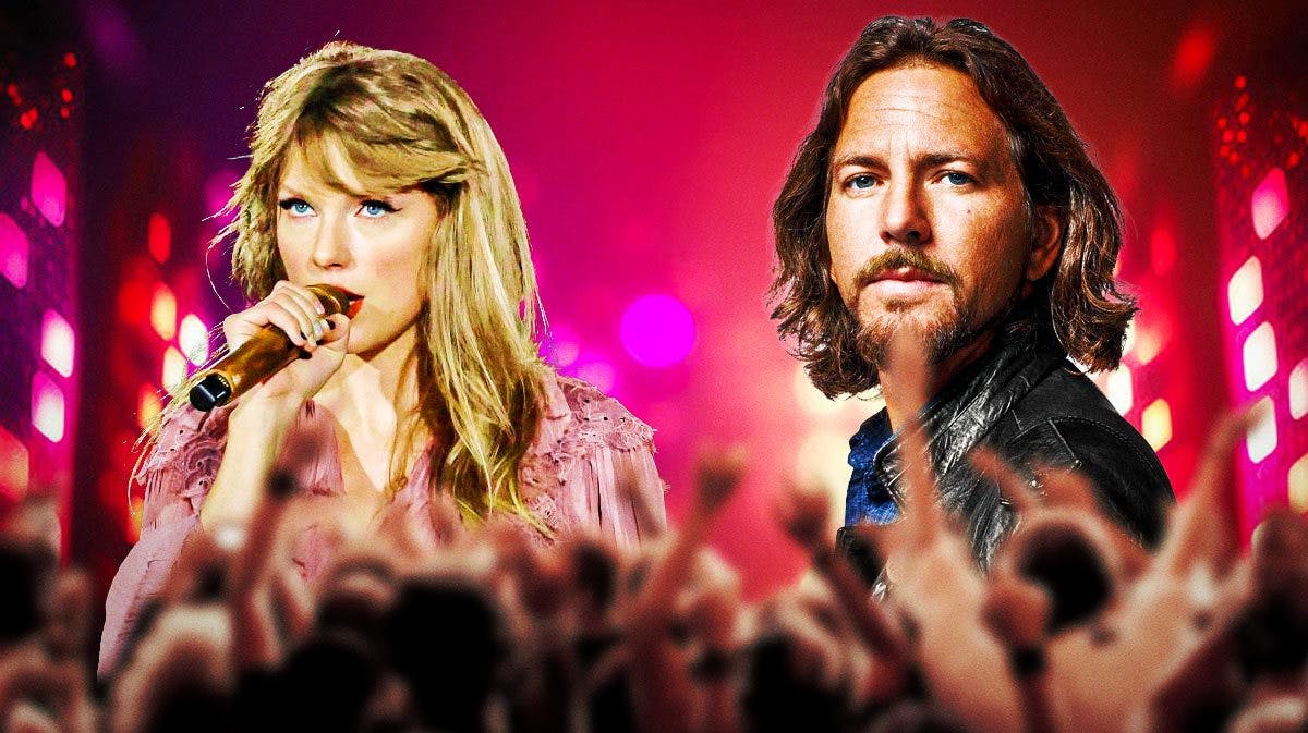 Taylor Swift and Pearl Jam singer Eddie Vedder with punk club background.